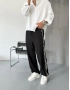 Siyah Keten Nakışlı Bol Kalıp Baggy