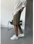 Haki Keten Desenli Bol Kalıp Şort