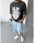 Antrasit Yıkamalı Cat Oversize T-Shirt
