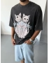 Antrasit Yıkamalı Cat Oversize T-Shirt