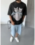 Antrasit Yıkamalı Cat Oversize T-Shirt