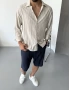 Keten Lacivert Çizgili Oversize Gömlek