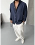 Lacivert Keten Premium Oversize Gömlek