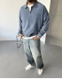 Mavi Yıkamalı Yarım Fermuar Sweatshirt