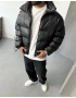 Siyah Premium Deri Oversize Şişme Mont