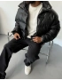 Siyah Premium Deri Oversize Şişme Mont