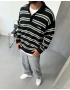 Siyah Polo Yaka Çizgili Oversize Kazak