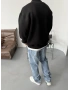 Siyah Baskılı Yıkamalı Bisiklet Yaka Sweatshirt