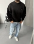 Siyah Baskılı Yıkamalı Bisiklet Yaka Sweatshirt