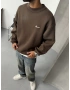 Kahve Baskılı Yıkamalı Bisiklet Yaka Sweatshirt