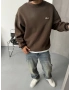 Kahve Baskılı Yıkamalı Bisiklet Yaka Sweatshirt
