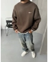 Kahve Baskılı Yıkamalı Bisiklet Yaka Sweatshirt