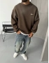 Kahve Baskılı Yıkamalı Bisiklet Yaka Sweatshirt