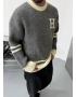 H Baskılı Gri Oversize Triko Kazak