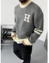 H Baskılı Gri Oversize Triko Kazak