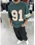 Yeşil 91 İşlemeli Yıkamalı Oversize T-Shirt