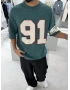 Yeşil 91 İşlemeli Yıkamalı Oversize T-Shirt