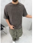 Kahve Yıkamalı 33 İşlemeli Oversize T-Shirt