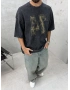 Siyah 74 Baskılı Yıkamalı Oversize T-Shirt