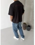 Siyah Melange Boxy Fit İşlemeli T-shirt