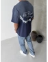 Lacivert Yıkamalı Baskılı Oversize T-shirt