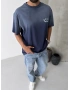 Lacivert Yıkamalı Baskılı Oversize T-shirt