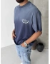 Lacivert Yıkamalı Baskılı Oversize T-shirt
