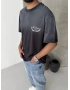 Siyah Yıkamalı Baskılı Oversize T-shirt