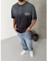 Siyah Yıkamalı Baskılı Oversize T-shirt