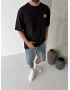 Siyah Etnik Minimal Baskılı Oversize T-shirt
