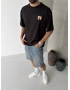 Siyah Etnik Minimal Baskılı Oversize T-shirt