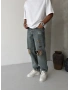Eskitme Mavi Yırtık Cebi Nakışlı Baggy Jean