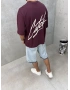 Bordo Yıkamalı Boxy Fit T-Shirt