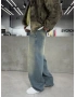 Yeşil Eskitme Denim Süper Baggy