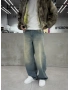 Yeşil Eskitme Denim Süper Baggy
