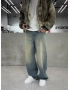 Yeşil Eskitme Denim Süper Baggy