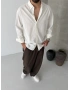 Ekru Aura Keten Oversize Gömlek
