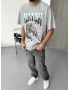 Gri Leopar Baskı Detay Oversize T-Shirt