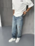 Mavi Cebi Nakışlı Baggy Jean