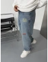 Mavi Cebi Nakışlı Baggy Jean