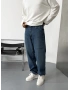 Mavi Premium İşlemeli Bol Kalıp Baggy Jean