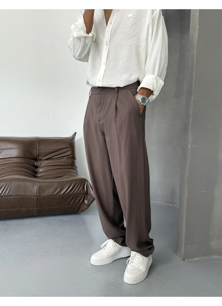 Kahve Pileli Tensel Kumaş Baggy