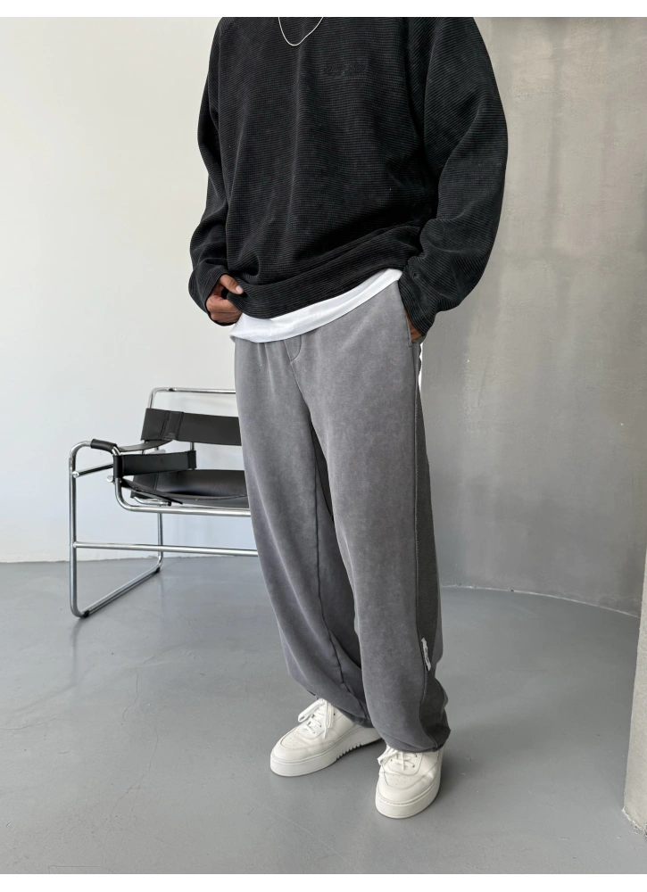 Gri Yıkamalı Şerit Baggy Eşofman