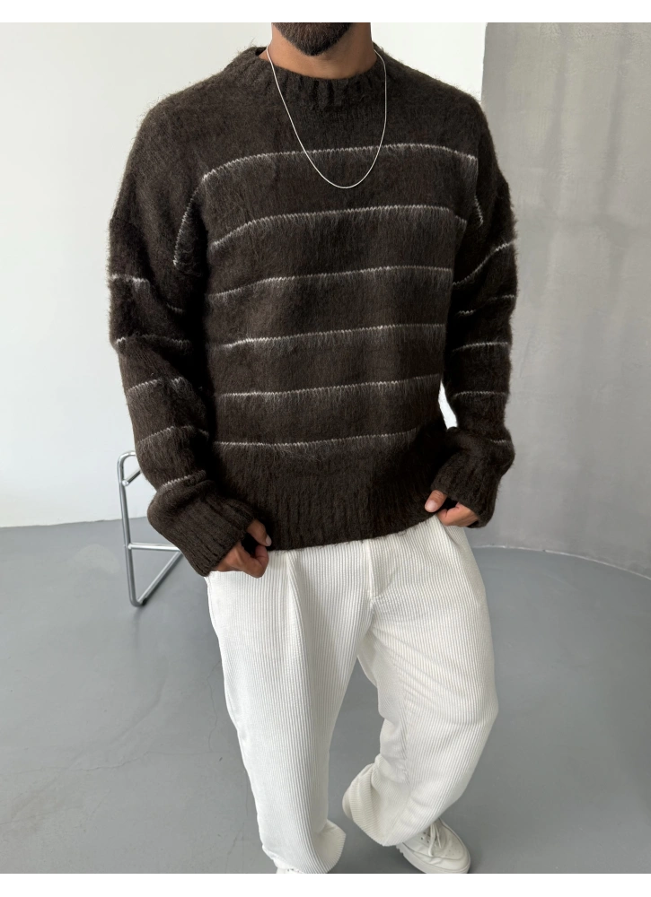 Kahve Kılçıllı Oversize Çizgi Kazak