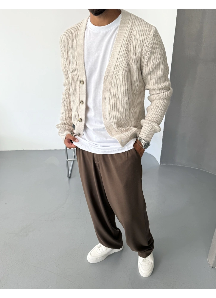 Krem Düğmeli Triko Hırka