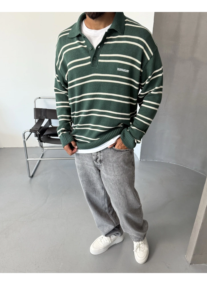 Yeşil Polo Yaka Çizgili Oversize Kazak