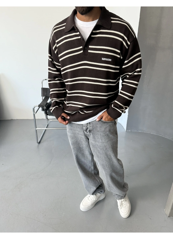 Kahve Polo Yaka Çizgili Oversize Kazak