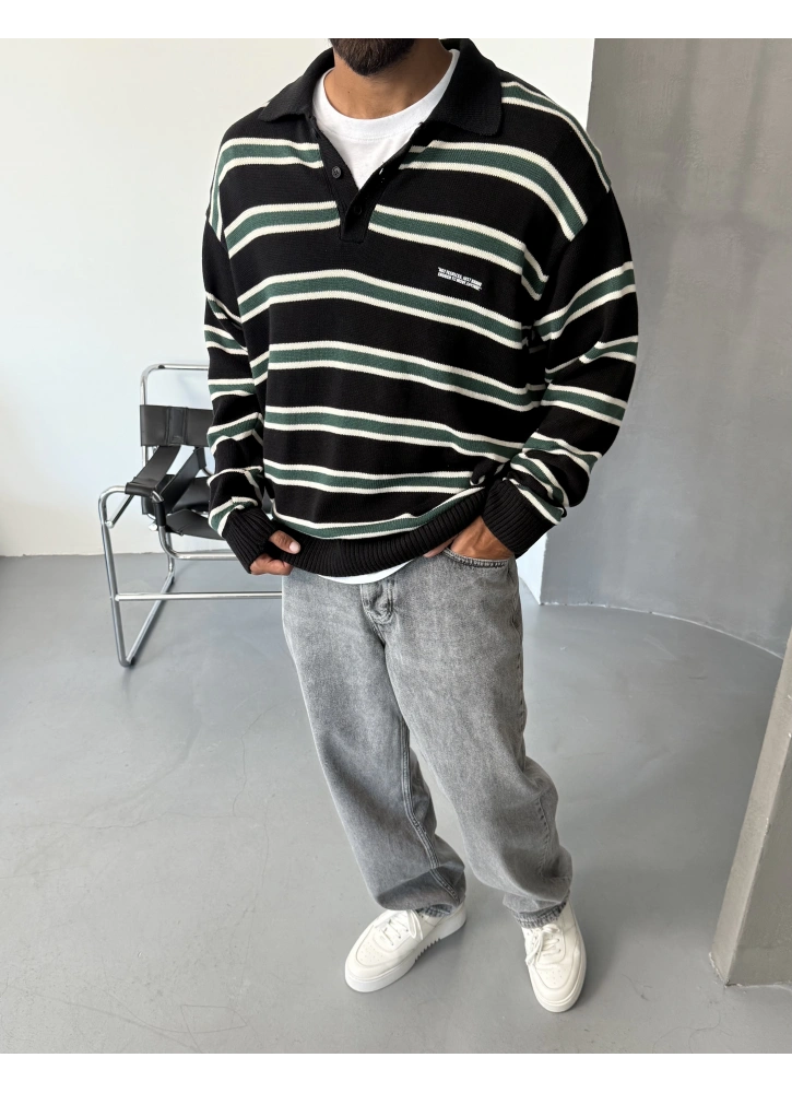 Siyah Polo Yaka Çizgili Oversize Kazak