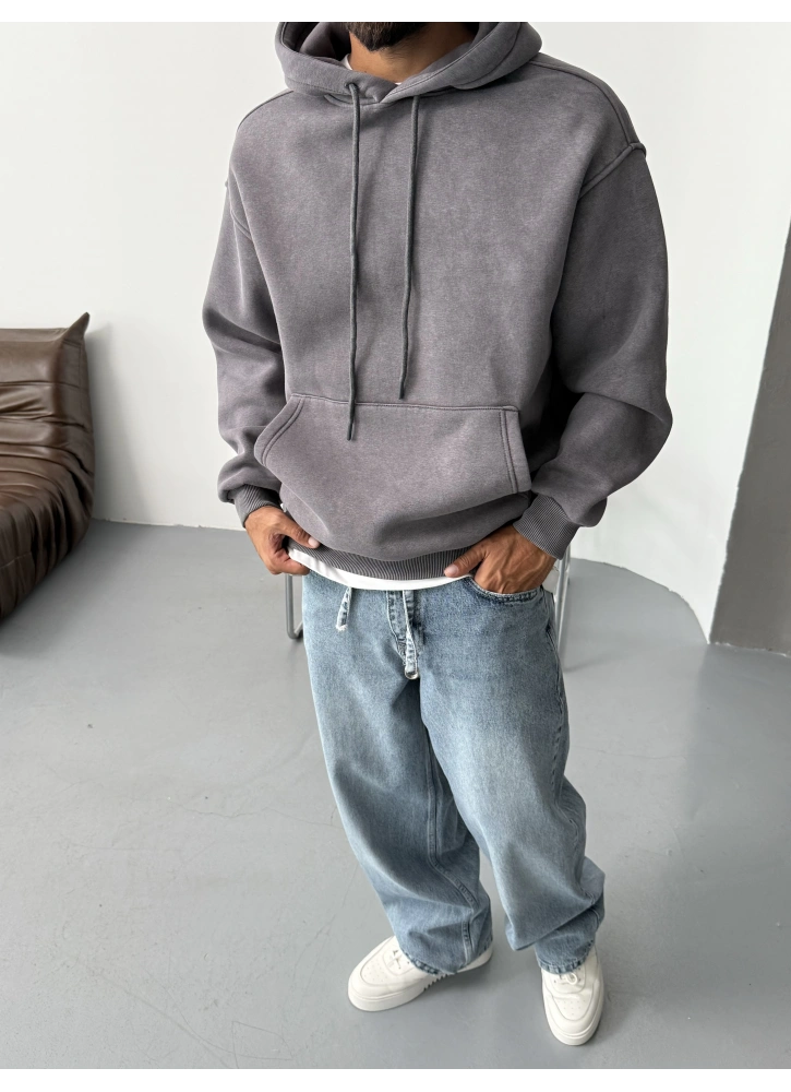 Gri Yıkamalı Oversize Kapişonlu Sweat