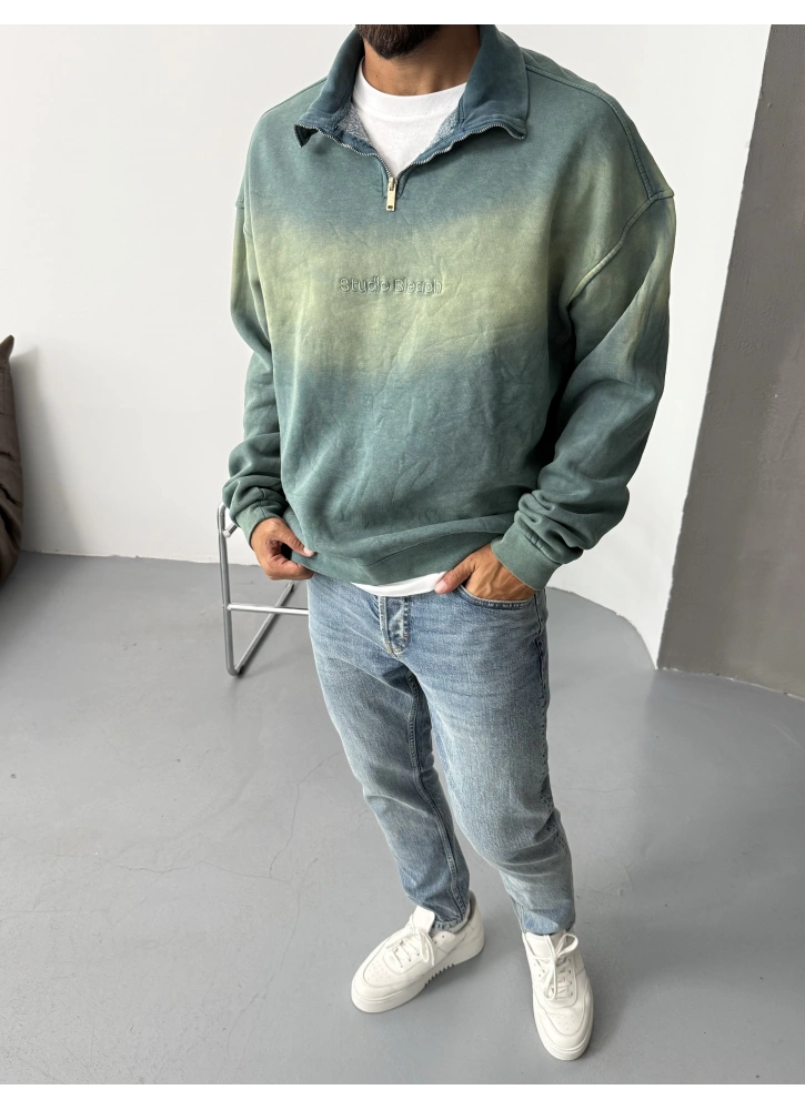 Yeşil Premium Eskitme Yarım Fermuar Sweat